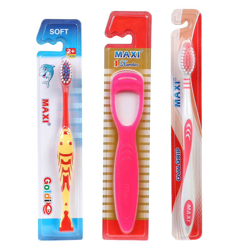Maxi Oral Care Family Pack Of 6-(2 Adults) Oval Grip Toothbrush & (2 Kids) Goldie Junior Toothbrush & (2 Tc) 1 Number Tongue Cleaner