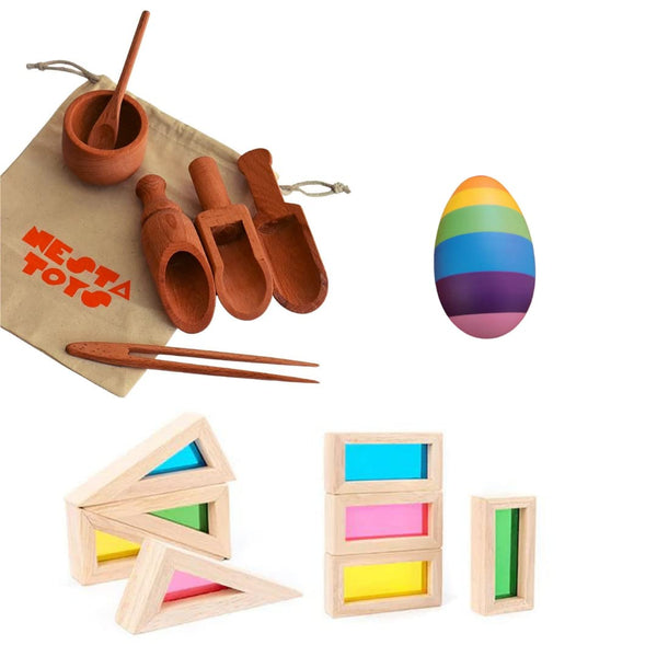 Nesta Toys Sensory Tool Kit - Sensory Bin Tools, Egg Shaker, Rainbow Blocks (6+ Months)