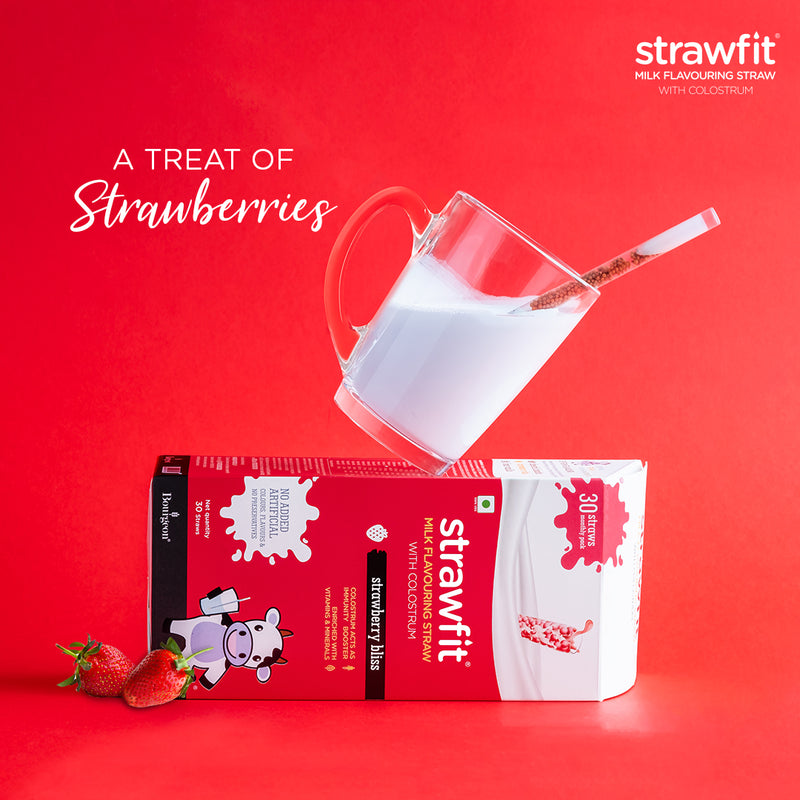 Strawfit Strawberry, Milk Flavoring Straw with Colostrum for Kids' Immunity, Health and Nutrition