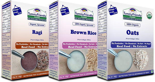 TummyFriendly Foods Certified Organic Stage1 Sprouted Porridge Mixes Combo Pack| Sprouted Ragi, Sprouted Brown Rice and Oats | 200g Each, Cereal (600 g, Pack of 3)