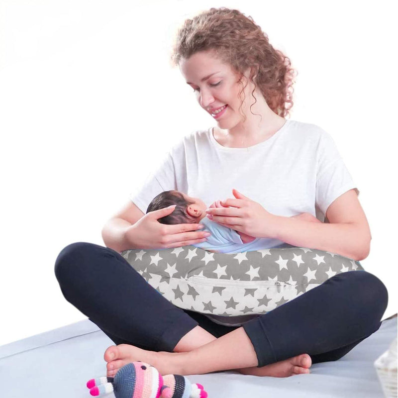 KEETATO Breast Feeding & Nursing Pillow with Buckle Adjustment (Grey Star Printed) (Cotton, pack of 1)