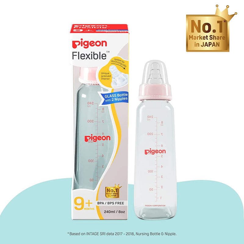 Pigeon Glass Bottle with added Nipple M, 4+ month, Pink, 240ml