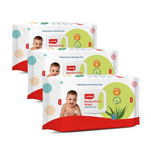 LuvLap Paraben Free wipes for baby skin with Aloe Vera, Fragrance Free, pH Balanced, Dermatologically Safe, Baby Wipes Rich in Vitamin E & chamomile extract, 72 Wipes / Pack With Lid Pack, 3 packs, Packaging might vary