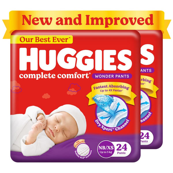 Huggies Complete Comfort Wonder Pants,Upto 5 kg Size Baby Diaper Pants, Combo Pack of 2, 24 count Per Pack, (48 count) with 5 in 1 Comfort