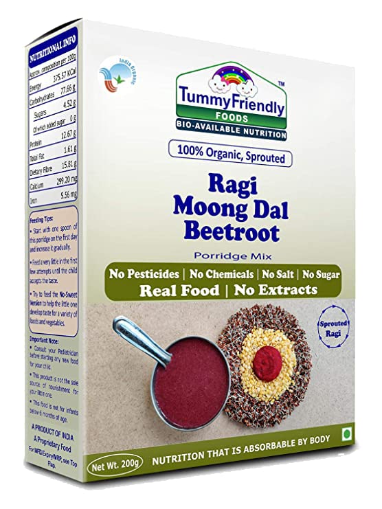 TummyFriendly Foods Certified Organic Sprouted Ragi and 100% Organic Sprouted Ragi, MoongDal, Beetroot Porridge Mixes ,200g Each, 2 Packs Cereal (400 g, Pack of 2)