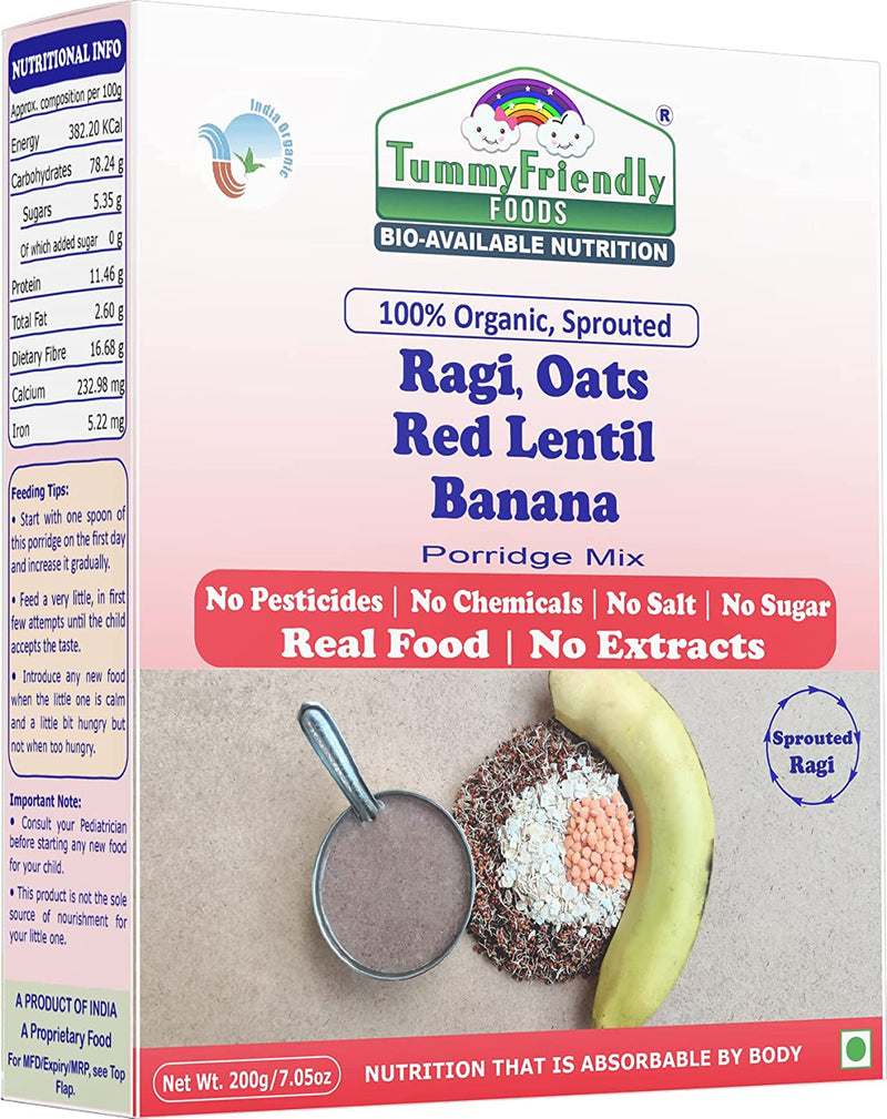 TummyFriendly Foods Certified 100% Organic Sathu Maavu, 100% Organic Sprouted Ragi, Oats, Red Lentil, Banana Porridge Mixes ,200g Each, 2Packs Cereal (400 g, Pack of 2)