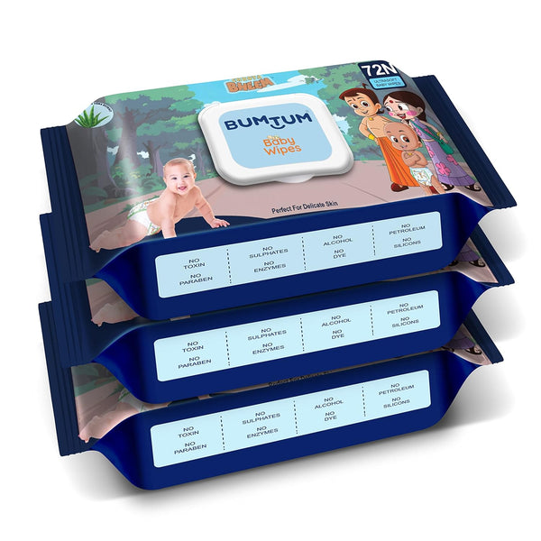 Bumtum Baby Chota Bheem Gentle Soft Moisturizing Wet Wipes With Lid | 20 X 14Cm, Aloe Vera & Chamomile Extracts | Paraben & Sulfate Free (Pack of 3, 72 Pcs. Per Pack)