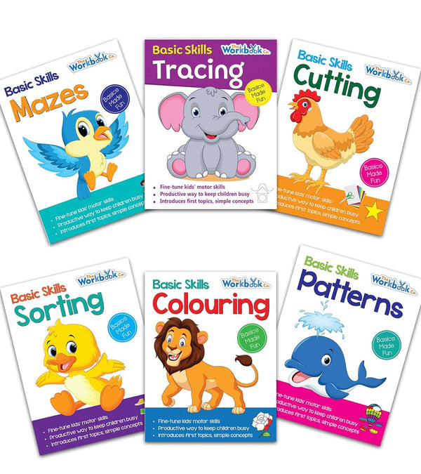 Set of 6 Basic Skills Workbooks for Kids covering Colouring, Cutting, Mazes, Patterns, Sorting and Tracing