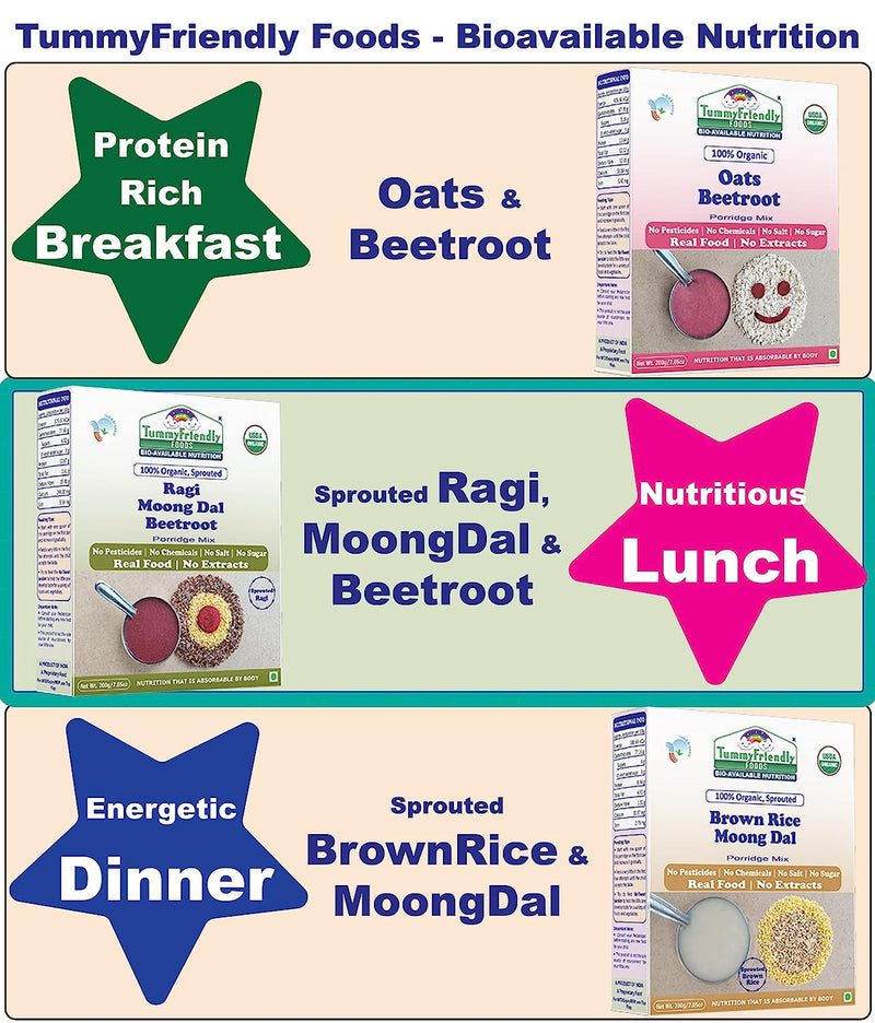 TummyFriendly Foods Certified Organic Sprouted Ragi and 100% Organic Sprouted Ragi, MoongDal, Beetroot Porridge Mixes ,200g Each, 2 Packs Cereal (400 g, Pack of 2)