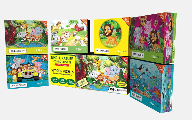 Pola Puzzles - Jungle Nature - Puzzle - Combo 6-In-1 - Gift Pack - 60- Pieces Each Tiling Puzzles (Jigsaw Puzzles - Puzzles For Kids - Floor Puzzles) - Puzzles - For Kids Age-5-Years And Above. Size: 37 Cm X 24 Cm Puzzles For Kids For Age 5 Yr Old - The Kids Circle