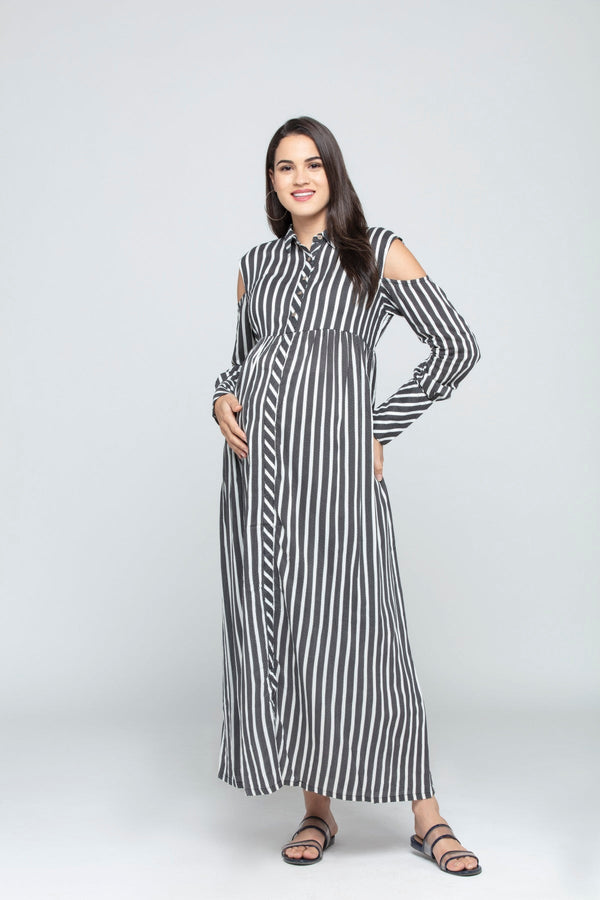 Charismomic Full Sleeves Cold Shoulder Striped Maternity Nursing Dress - Black