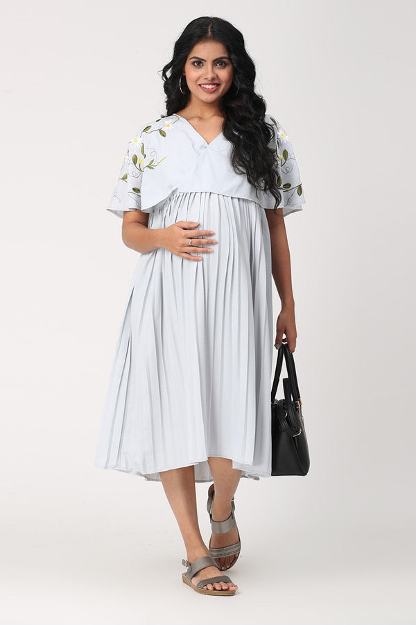 Charismomic Luxe Embroidered Accordian Pleated Maternity/Nursing Dress