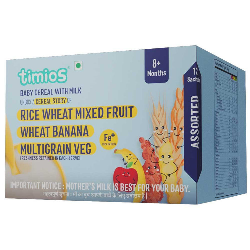 Timios Milk Based Baby Cereal - 8+ Months Assorted- Rice Wheat Mixed Fruit, Wheat Banana, Multigrain Veg