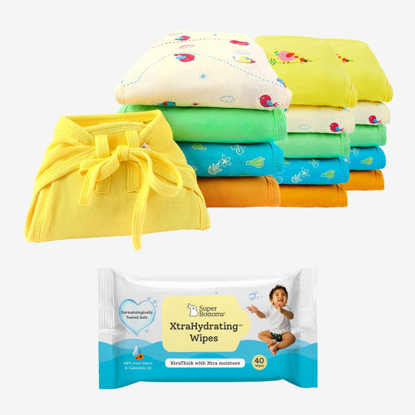 SuperBottoms 15 Pack Cotton Nappy Birdy Boo + FREE Wipes 40 pack