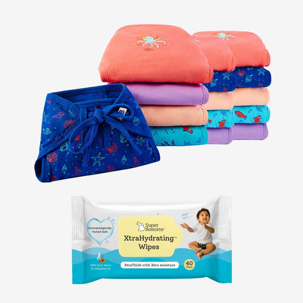 SuperBottoms 15 Pack Cotton Nappy Sea Saga + FREE Wipes 72 pack