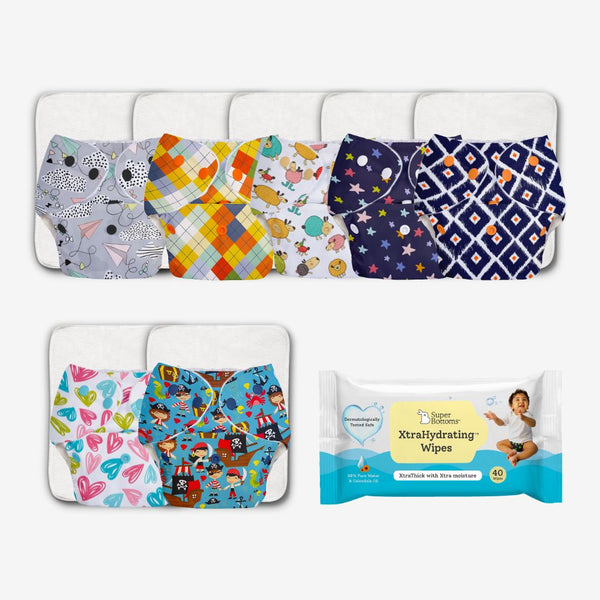SuperBottoms FREE XtraHydrating Wipes + Pack of 7 BASIC Diaper, New & Improved with EasySnap & Quick Dry UltraThin Pad - (7 Shell + 7 Pads) - No Print Choice