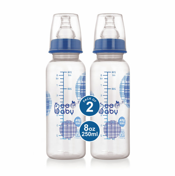 BeeBaby Basic Slim Neck Baby Feeding Bottle with Premium Anti-Colic Silicone Nipple. 100% BPA FREE, 8 Months + (250 ML) (Blue) (Pack of 2)