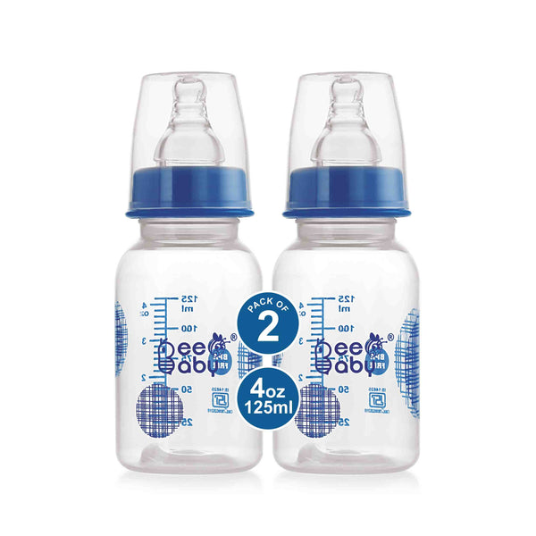 BeeBaby Basic Slim Neck Baby Feeding Bottle with Premium Anti-Colic Silicone Nipple. 100% BPA FREE, 4 Months + (125 ML / 4 oz.) (Blue) (Pack of 2)