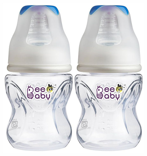BeeBaby Comfort Slim Neck Baby Feeding Bottle with Slow Flow Anti-Colic Silicone Nipple. For Infants. 100% BPA Free. 120 ML (Blue) (Pack of 2) - 4 Months +