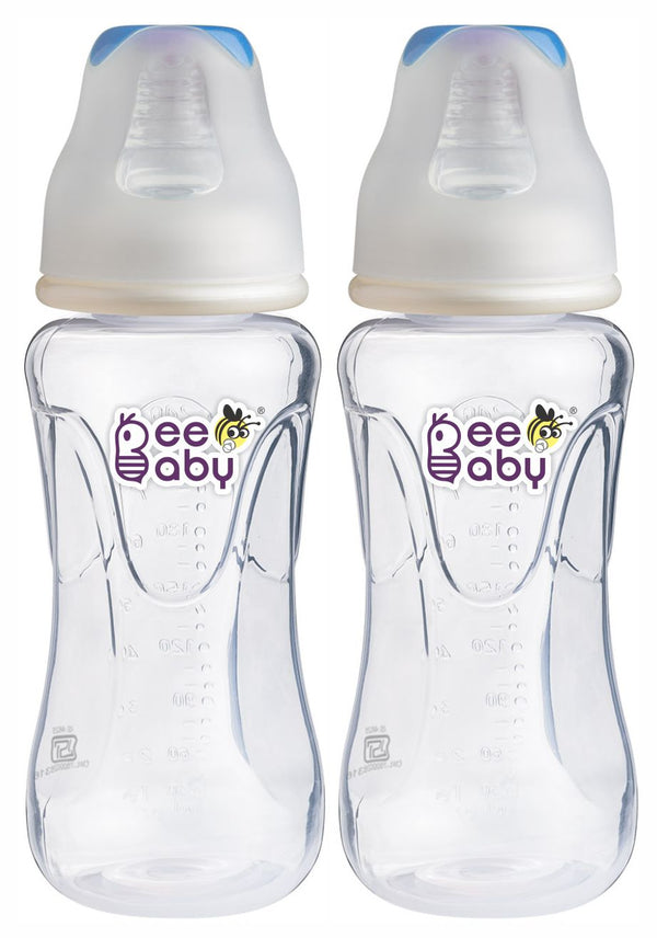 BeeBaby Comfort Slim Neck Baby Feeding Bottle with Slow Flow Anti-Colic Silicone Nipple. For Infants. 100% BPA Free. 240 ML (Blue) (Pack of 2) - 8 Months +