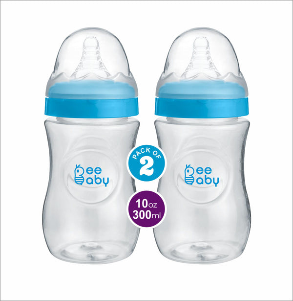 BeeBaby Ease Wide Neck Baby Feeding Bottle with Medium Flow Anti-Colic Soft Silicone Nipple. For Infants. 300 ML. 100% BPA Free. (Blue) (Pack of 2) 8 Months +