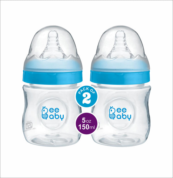 BeeBaby Ease Wide Neck Baby Feeding Bottle with Medium Flow Anti-Colic Soft Silicone Nipple. For Infants. - 150 ML. 100% BPA Free. (Blue) (Pack of 2) 4 Months +