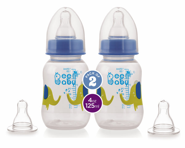 BeeBaby Easy Start Slim Neck Baby Feeding Bottle with 4 Anti-Colic Gentle Touch Silicone Nipples. 100% BPA FREE, 4 Months + (125 ML) (Blue) (Pack of 2)