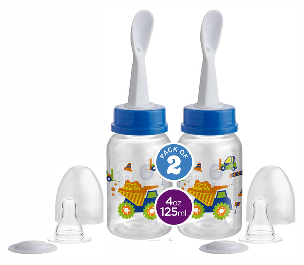 BeeBaby 2 in 1 Gentle Slim Neck Baby Feeding Bottle with Anti-Colic Gentle Touch Silicone Nipple and Feeder Spoon (Plastic) for New Born / Infant / Toddler / Babies, 100% BPA FREE, 4 Months + (125 ML / 4 oz.) (Blue) (Pack of 2)