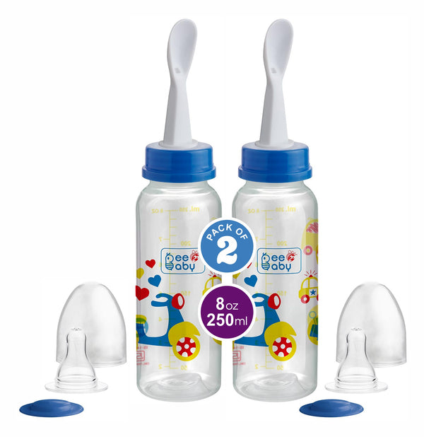 BeeBaby 2 in 1 Gentle Slim Neck Baby Feeding Bottle with Anti - Colic Gentle Touch Silicone Nipple and Feeder Spoon (Plastic) for New Born / Infant / Toddler / Babies, 100% BPA FREE, 8 Months + (250 ML / 8 oz.) (Blue) (Pack of 2)