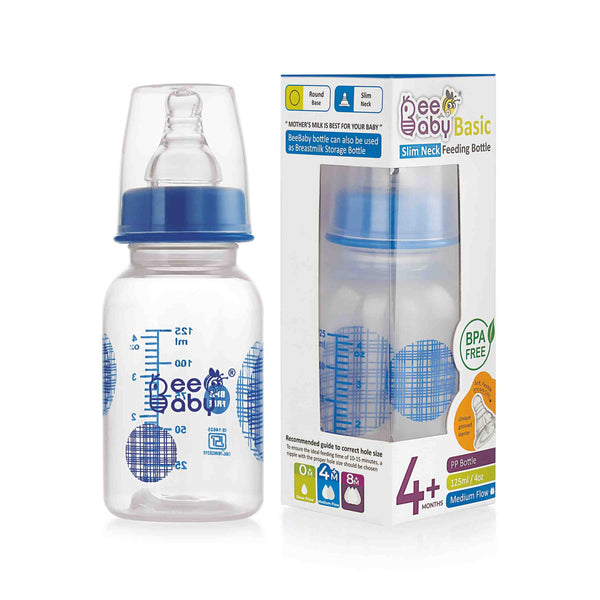 BeeBaby Basic Slim Neck Baby Feeding Bottle with Premium Anti-Colic Silicone Nipple. 100% BPA FREE, 4 Months + (125 ML / 4 oz.) (Blue).