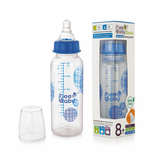 BeeBaby Basic Slim Neck Baby Feeding Bottle with Premium Anti-Colic Silicone Nipple. 100% BPA FREE, 8 Months + (250 ML) (Blue).