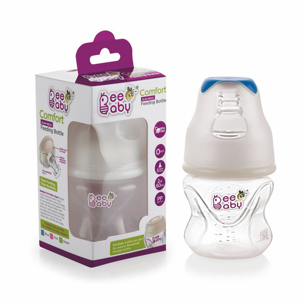 BeeBaby Comfort Slim Neck Baby Feeding Bottle with Slow Flow Anti-Colic Silicone Nipple. For Newborns. 100% BPA Free. 60 ML (Blue) - 0 Months +