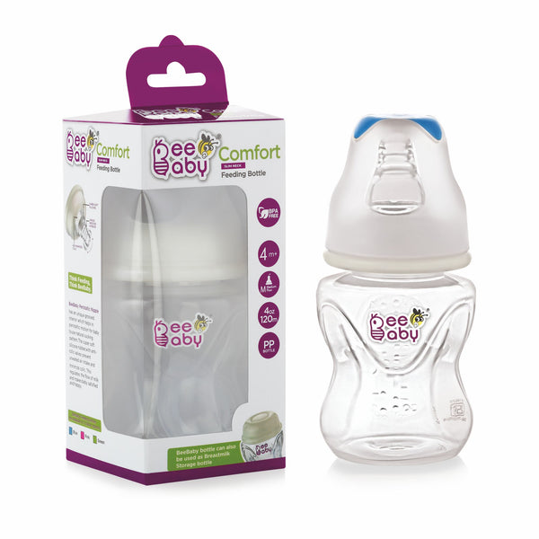 BeeBaby Comfort Slim Neck Baby Feeding Bottle with Slow Flow Anti-Colic Silicone Nipple. For Infants. 100% BPA Free. 120 ML (Blue) - 4 Months +