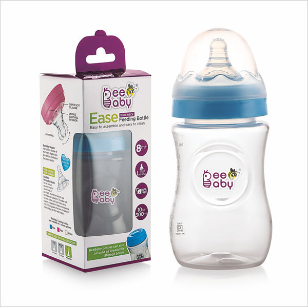 BeeBaby Ease Wide Neck Baby Feeding Bottle with Medium Flow Anti-Colic Soft Silicone Nipple. For Infants. 300 ML. 100% BPA Free. (Blue) 8 Months +