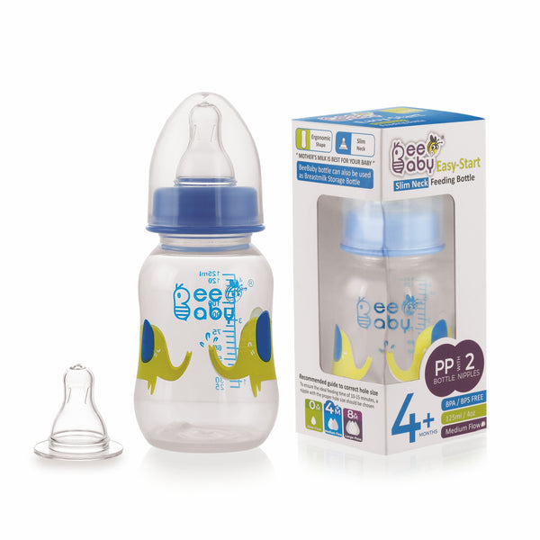 BeeBaby Easy Start Slim Neck Baby Feeding Bottle with 2 Anti-Colic Gentle Touch Silicone Nipples. 100% BPA FREE, 4 Months + (125 ML) (Blue).