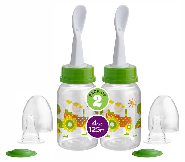 BeeBaby 2 in 1 Gentle Slim Neck Baby Feeding Bottle with Anti - Colic Gentle Touch Silicone Nipple and Feeder Spoon (Plastic) for New Born / Infant / Toddler / Babies, 100% BPA FREE, 4 Months + (125 ML / 4 oz.) (Green) (Pack of 2)