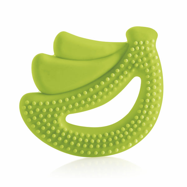 BeeBaby Banana Fruit Shape Soft Silicone Teether for 3+ months with Carrying Case, BPA Free Teething Toy for Babies with Textured Surface for Soothing Gums. 100% Food Grade (Banana - Green)