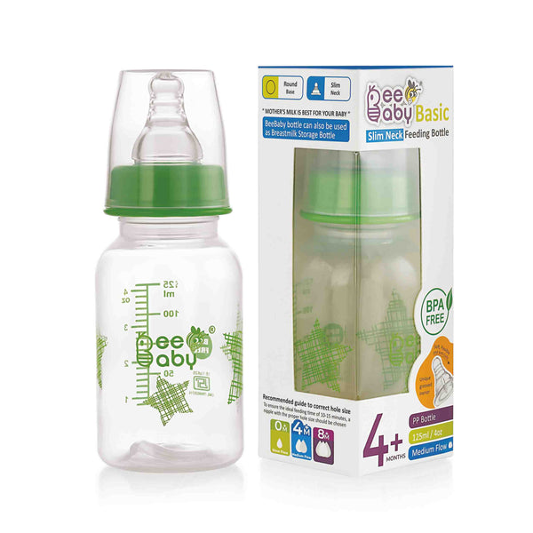 BeeBaby Basic Slim Neck Baby Feeding Bottle with Premium Anti-Colic Silicone Nipple. 100% BPA FREE, 4 Months + (125 ML / 4 oz.) (Green).