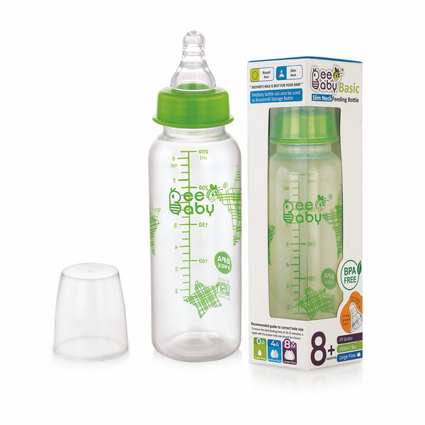 BeeBaby Basic Slim Neck Baby Feeding Bottle with Premium Anti-Colic Silicone Nipple. 100% BPA FREE, 8 Months + (250 ML) (Green).