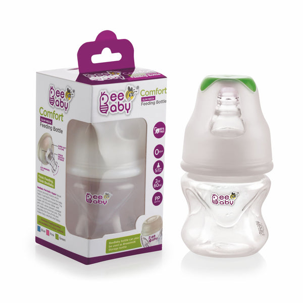 BeeBaby Comfort Slim Neck Baby Feeding Bottle with Slow Flow Anti-Colic Silicone Nipple. For Newborns. 100% BPA Free. 60 ML (Green) - 0 Months +