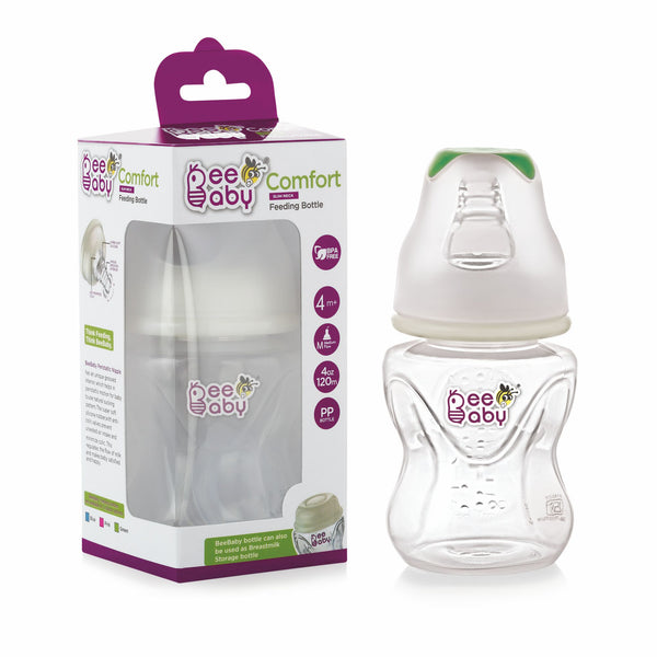 BeeBaby Comfort Slim Neck Baby Feeding Bottle with Slow Flow Anti-Colic Silicone Nipple. For Infants. 100% BPA Free. 120 ML (Green) - 4 Months +