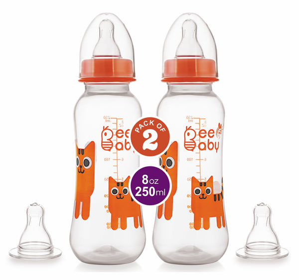 BeeBaby Easy Start Slim Neck Baby Feeding Bottle with 4 Anti Colic Gentle Touch Silicone Nipples. 100% BPA FREE, 8 Months + (250 ML) (Orange) (Pack of 2)