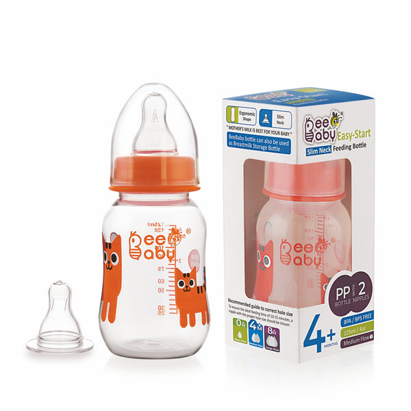 BeeBaby Easy Start Slim Neck Baby Feeding Bottle with 2 Anti-Colic Gentle Touch Silicone Nipples. 100% BPA FREE, 4 Months + (125 ML) (Orange).