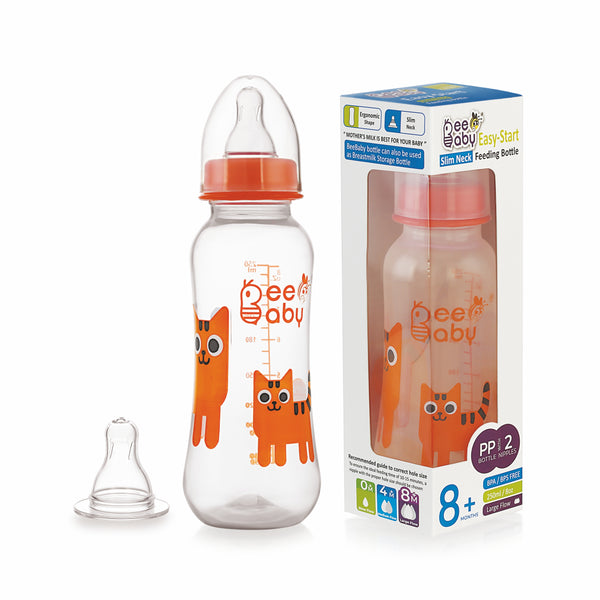 BeeBaby Easy Start Slim Neck Baby Feeding Bottle with 2 Anti-Colic Gentle Touch Silicone Nipples. 100% BPA FREE, 8 Months + (250 ML) (Orange).
