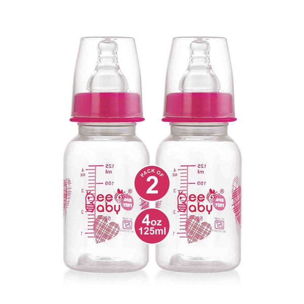 BeeBaby Basic Slim Neck Baby Feeding Bottle with Premium Anti-Colic Silicone Nipple. 100% BPA FREE, 4 Months + (125 ML / 4 oz.) (Pink) (Pack of 2)