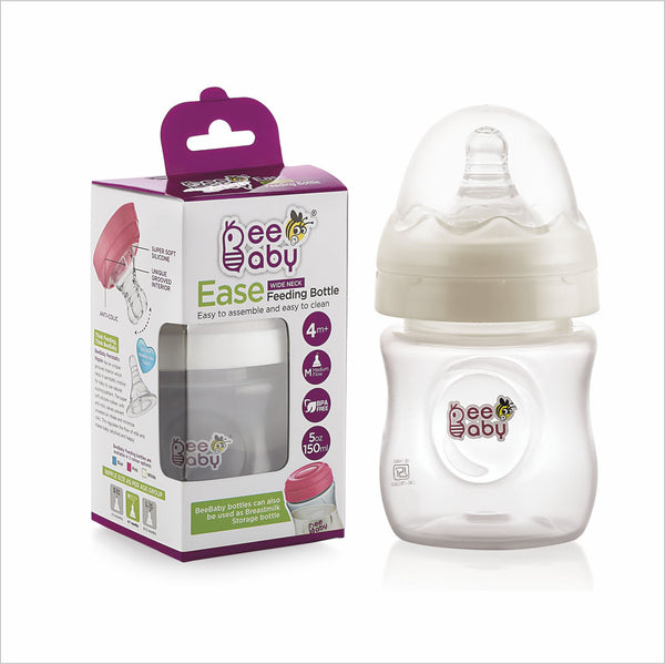 BeeBaby Ease Wide Neck Baby Feeding Bottle with Medium Flow Anti-Colic Soft Silicone Nipple. For Infants. - 150 ML. 100% BPA Free. (Blue) 4 Months +