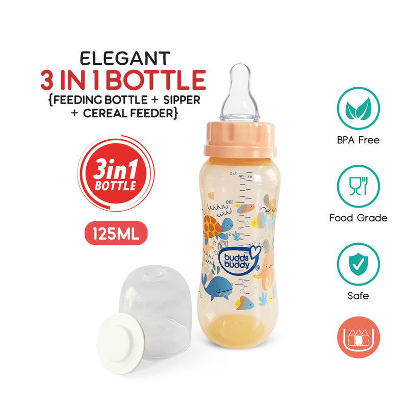 Buddsbuddy Plastic Standard Neck 3In1 Elegant Feeding Bottle - 250ml(orange)