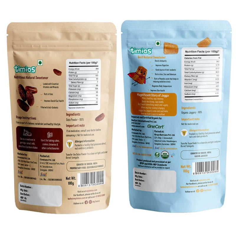 Timios Organic Superfoods- Jaggery Powder and Date Powder Combo- Best Nutritious Natural Sweetener, Boosts Immunity and Gut Health