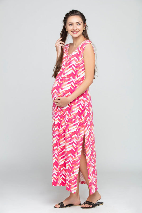 Charismomic Sleeveless Chevron Print Maternity Nursing Maxi Dress - Pink