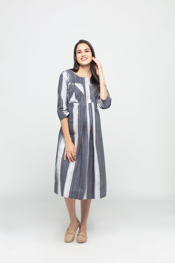 Charismomic Three Fourth Sleeves Pleated Stripe Maternity Nursing A line Dress - Grey